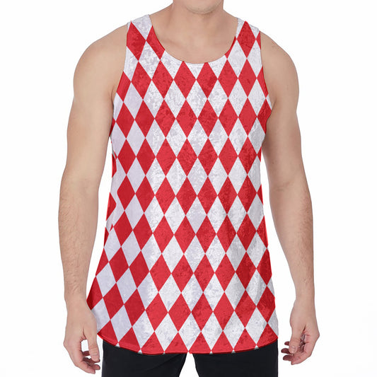 Red And White Harlequin Pattern Print Men's Velvet Tank Top