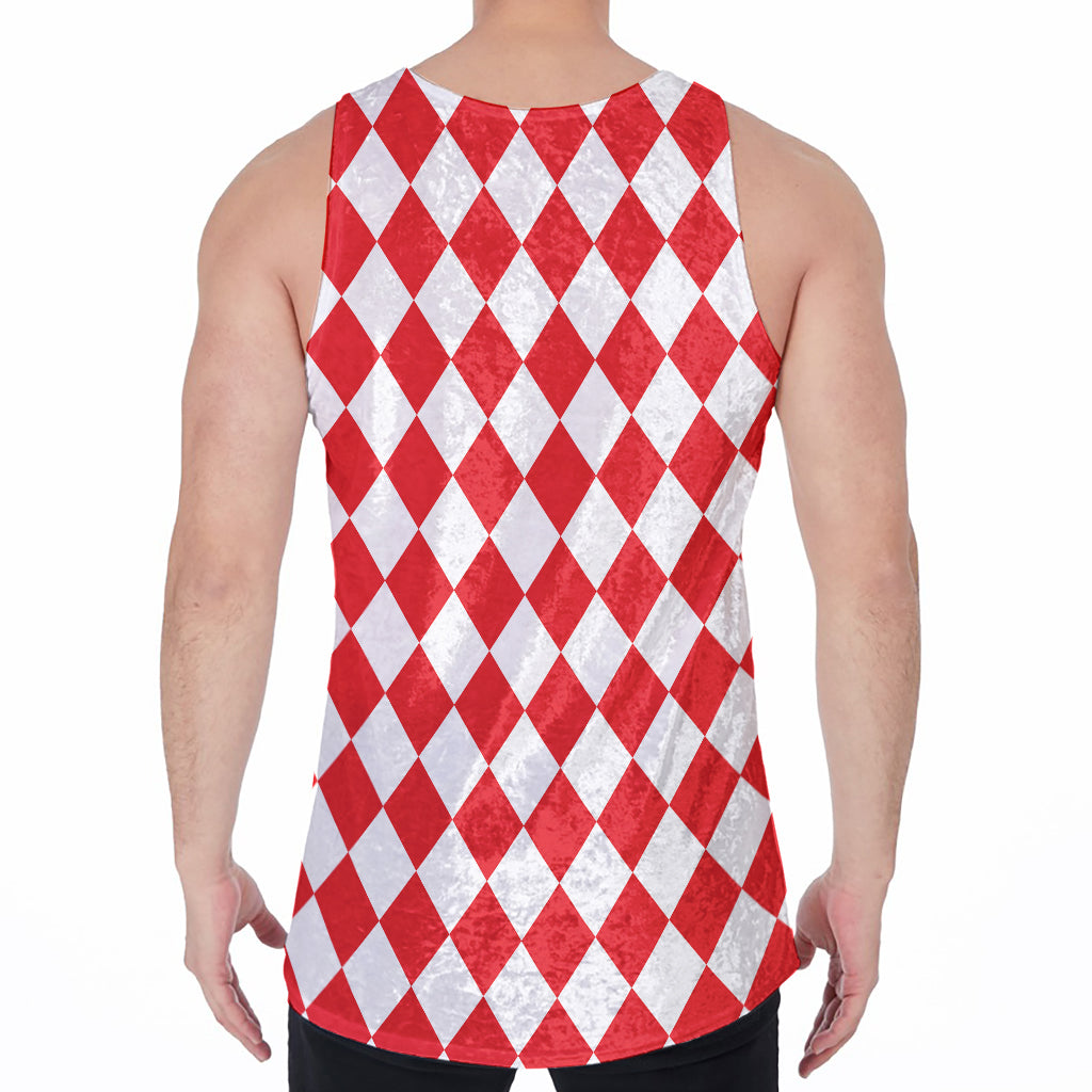 Red And White Harlequin Pattern Print Men's Velvet Tank Top