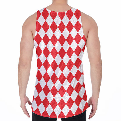 Red And White Harlequin Pattern Print Men's Velvet Tank Top