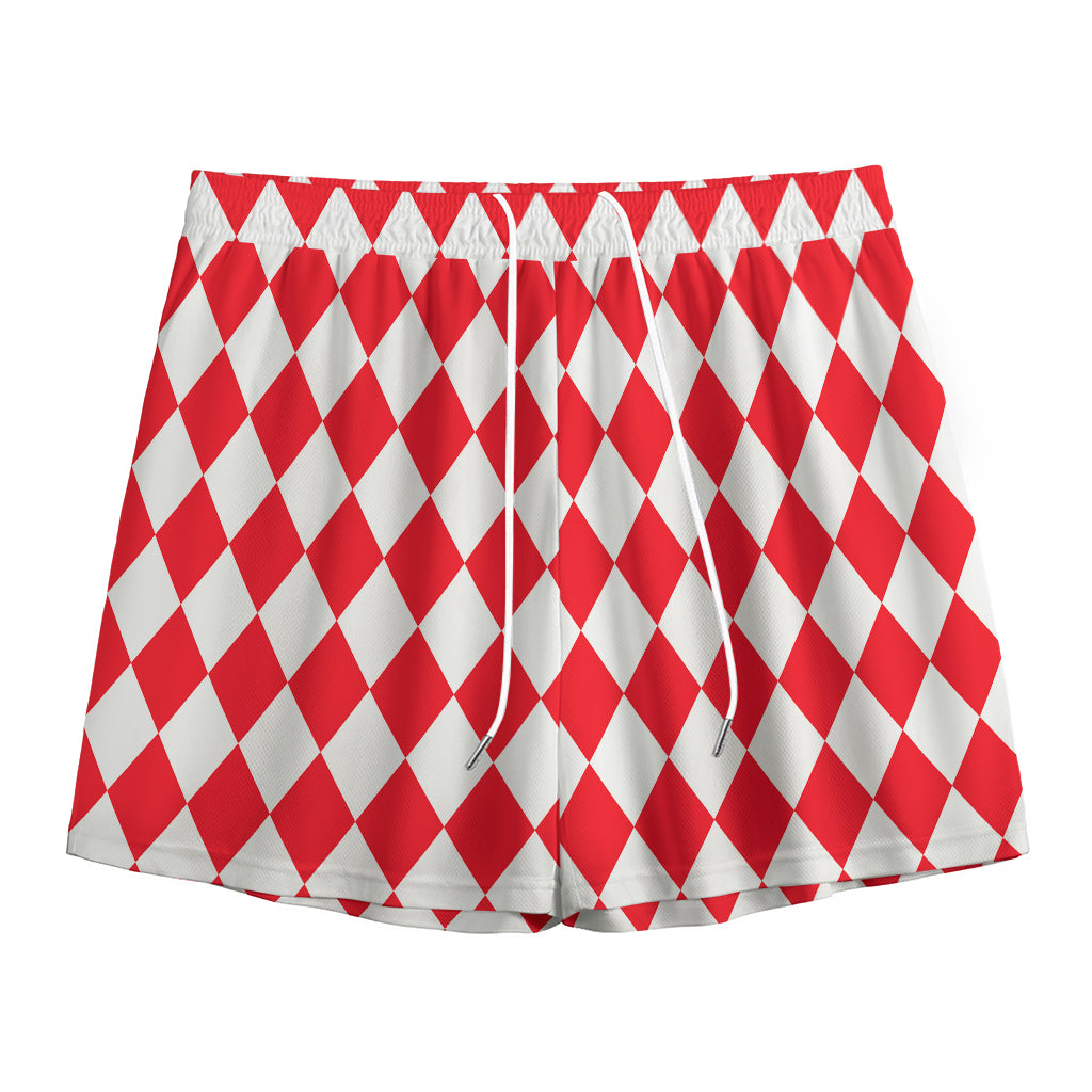 Red And White Harlequin Pattern Print Mesh Shorts
