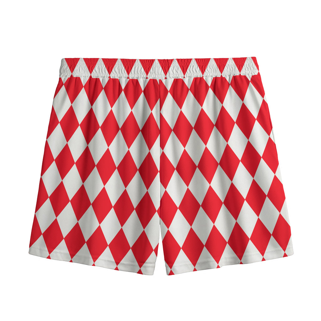 Red And White Harlequin Pattern Print Mesh Shorts