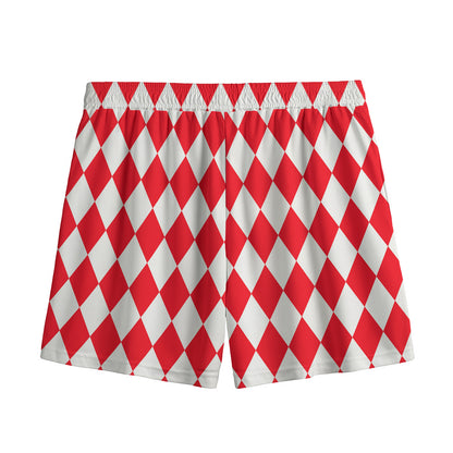 Red And White Harlequin Pattern Print Mesh Shorts