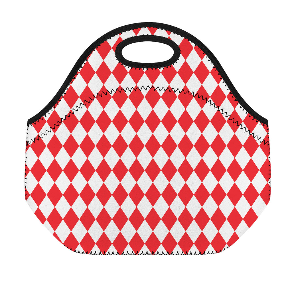 Red And White Harlequin Pattern Print Neoprene Lunch Bag