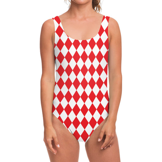 Red And White Harlequin Pattern Print One Piece Swimsuit