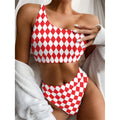 Red And White Harlequin Pattern Print One Shoulder Bikini Set