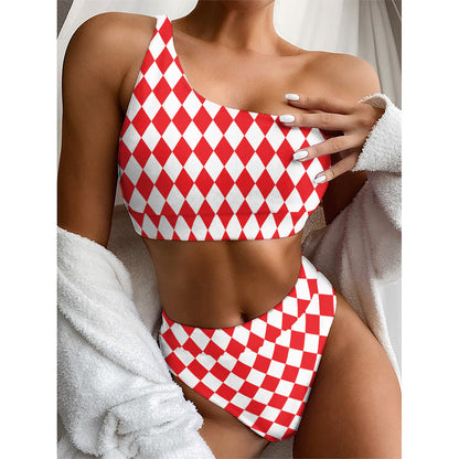Red And White Harlequin Pattern Print One Shoulder Bikini Top