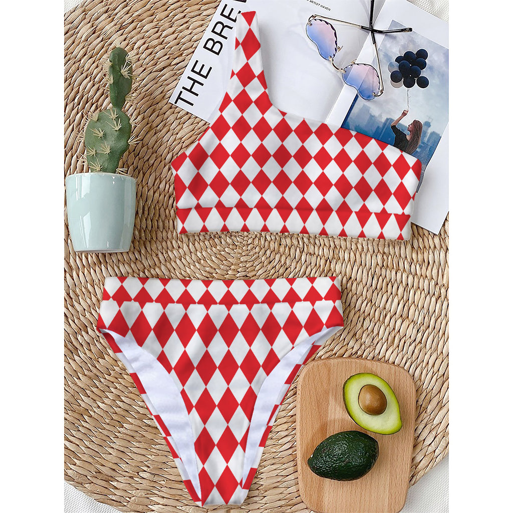 Red And White Harlequin Pattern Print One Shoulder Bikini Top