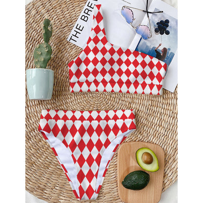 Red And White Harlequin Pattern Print One Shoulder Bikini Top