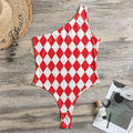 Red And White Harlequin Pattern Print One Shoulder Bodysuit