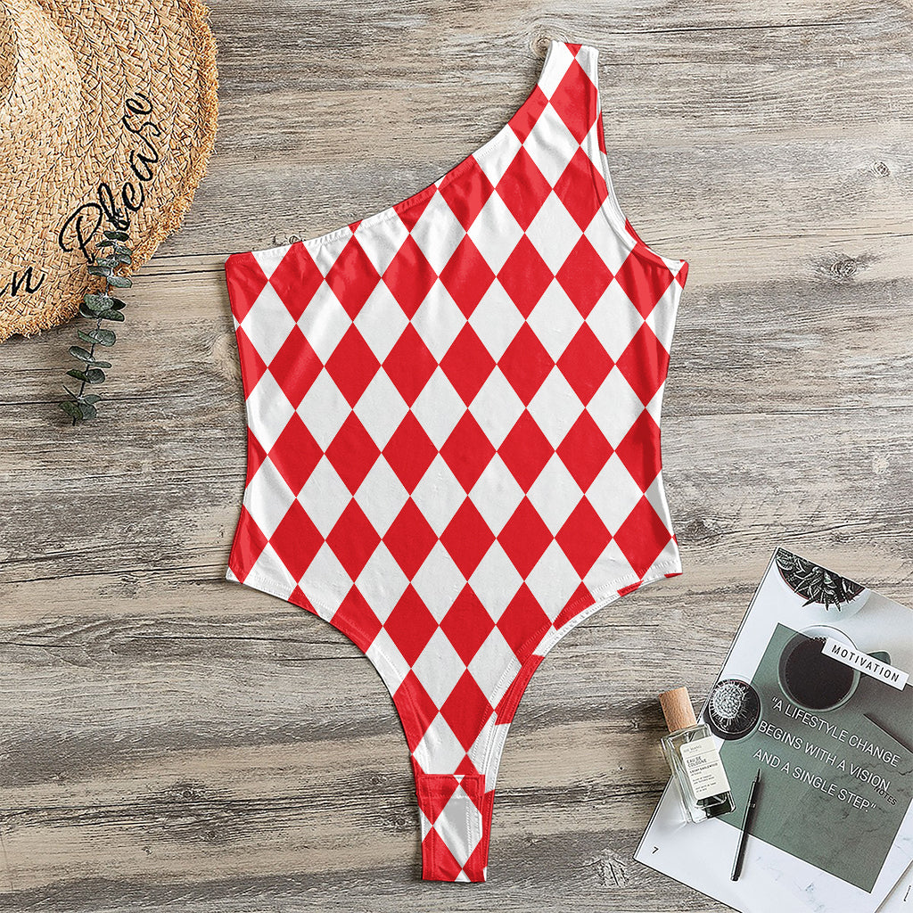 Red And White Harlequin Pattern Print One Shoulder Bodysuit