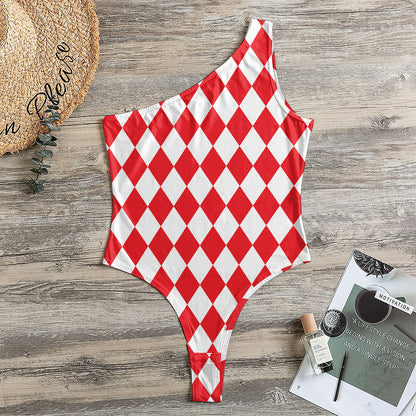 Red And White Harlequin Pattern Print One Shoulder Bodysuit