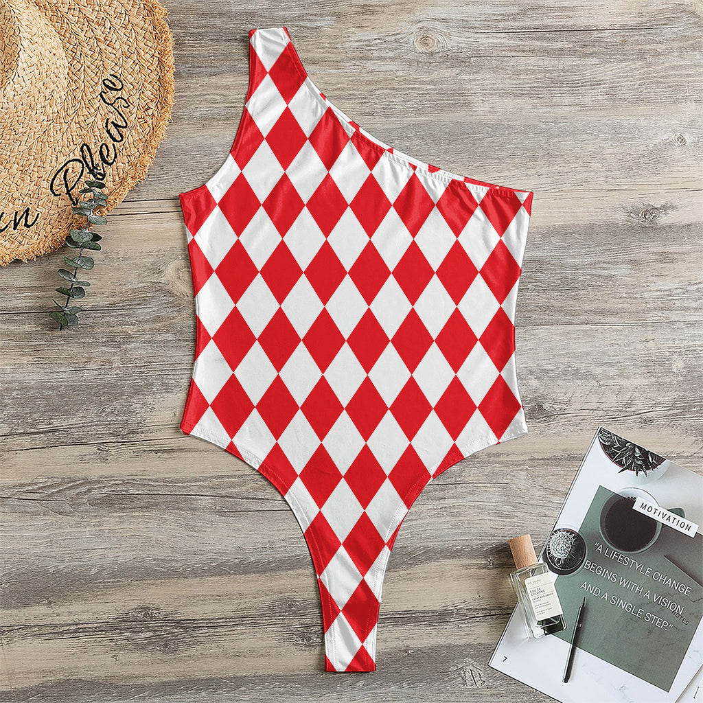 Red And White Harlequin Pattern Print One Shoulder Bodysuit