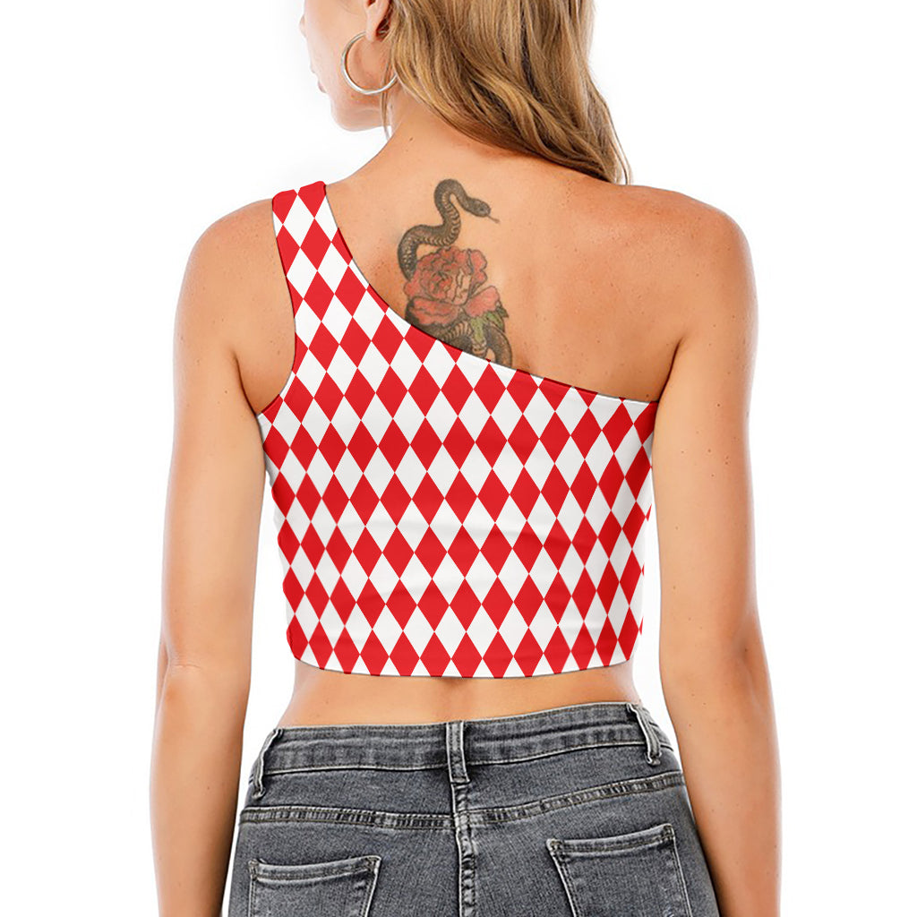 Red And White Harlequin Pattern Print One Shoulder Crop Top