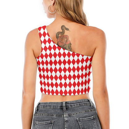 Red And White Harlequin Pattern Print One Shoulder Crop Top