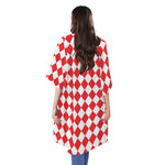 Red And White Harlequin Pattern Print Open Front Beach Cover Up