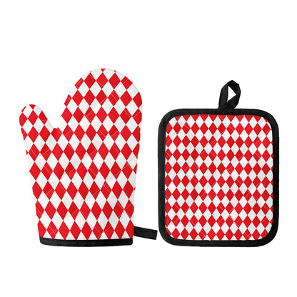 Red And White Harlequin Pattern Print Oven Mitt And Pot Holder Set