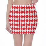 Red And White Harlequin Pattern Print Pencil Mini Skirt