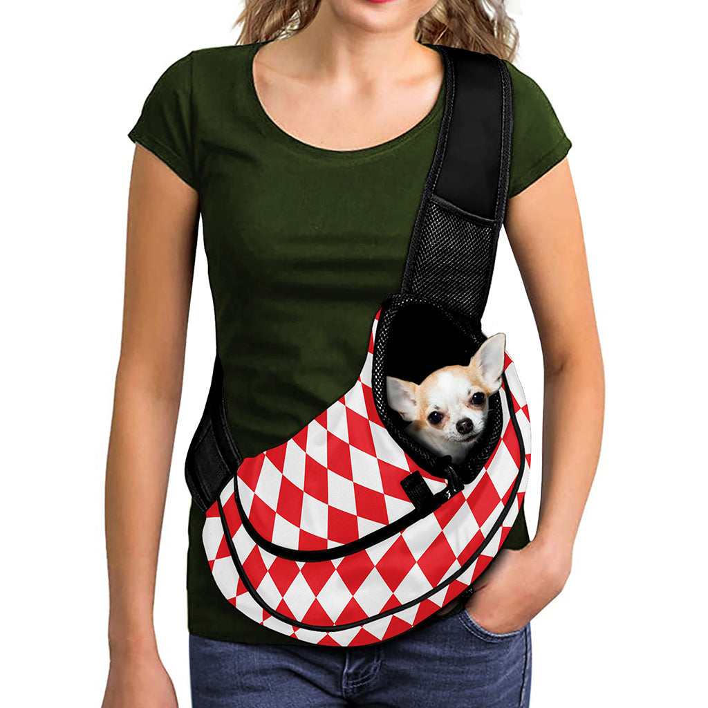 Red And White Harlequin Pattern Print Pet Sling Carrier