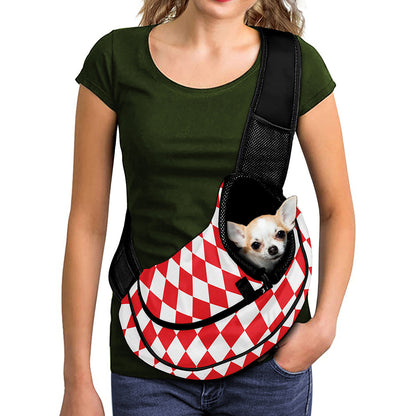 Red And White Harlequin Pattern Print Pet Sling Carrier
