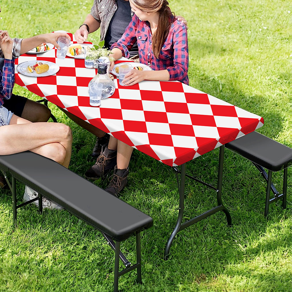 Red And White Harlequin Pattern Print Picnic Table Cover