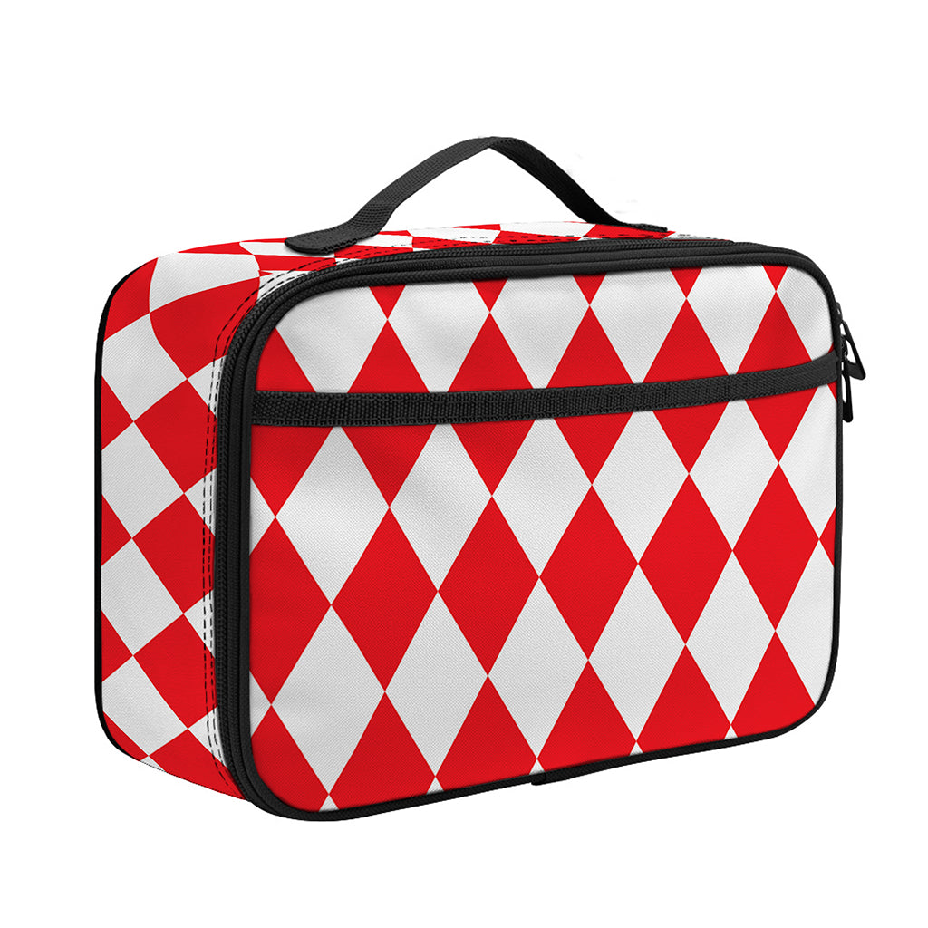 Red And White Harlequin Pattern Print Portable Lunch Bag