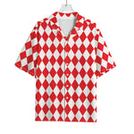 Red And White Harlequin Pattern Print Rayon Hawaiian Shirt