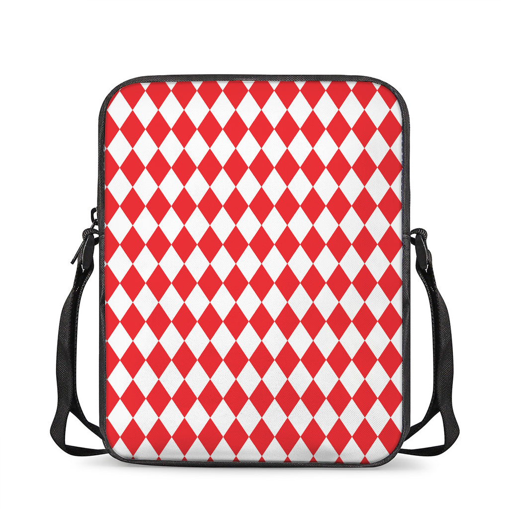 Red And White Harlequin Pattern Print Rectangular Crossbody Bag