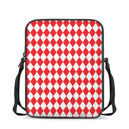 Red And White Harlequin Pattern Print Rectangular Crossbody Bag
