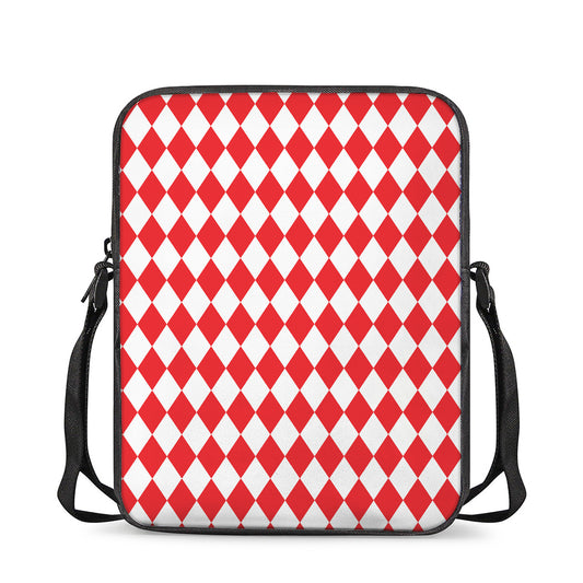 Red And White Harlequin Pattern Print Rectangular Crossbody Bag