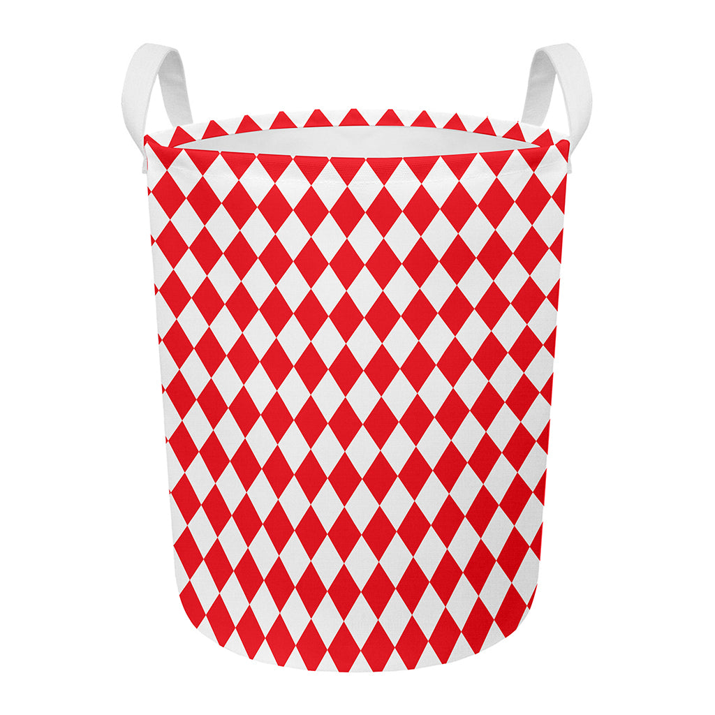 Red And White Harlequin Pattern Print Round Laundry Basket