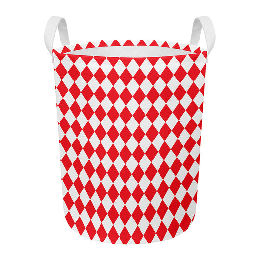 Red And White Harlequin Pattern Print Round Laundry Basket