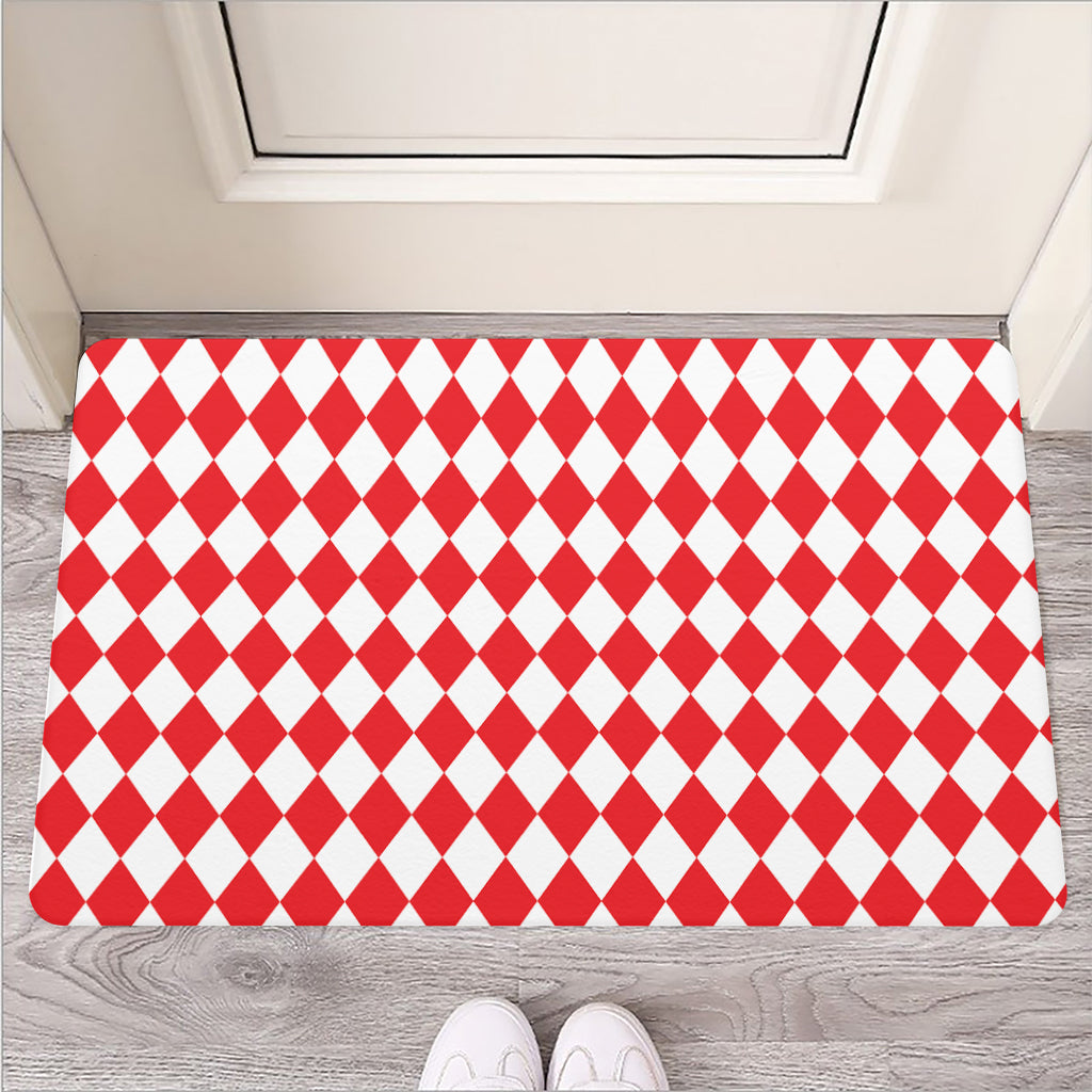 Red And White Harlequin Pattern Print Rubber Doormat
