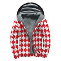 Red And White Harlequin Pattern Print Sherpa Lined Zip Up Hoodie