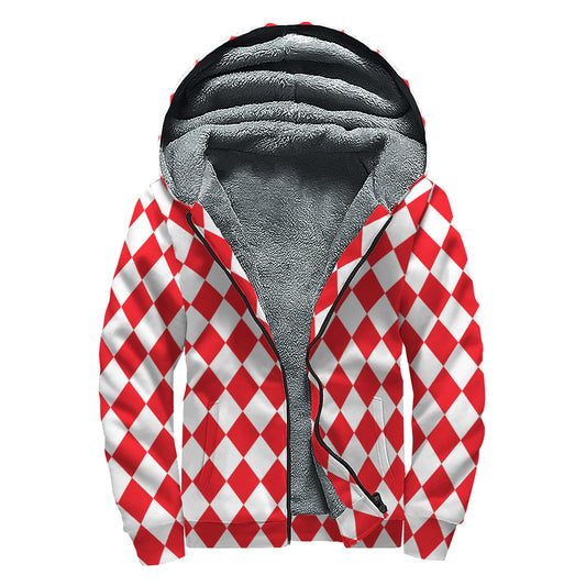 Red And White Harlequin Pattern Print Sherpa Lined Zip Up Hoodie