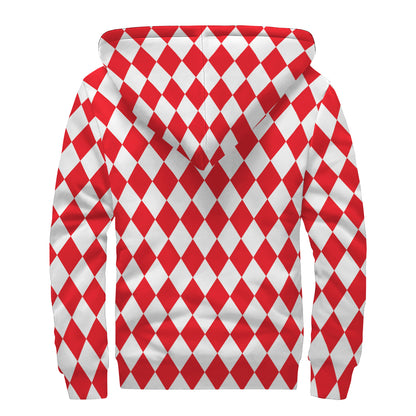 Red And White Harlequin Pattern Print Sherpa Lined Zip Up Hoodie
