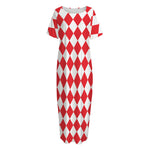 Red And White Harlequin Pattern Print Short Sleeve Long Nightdress