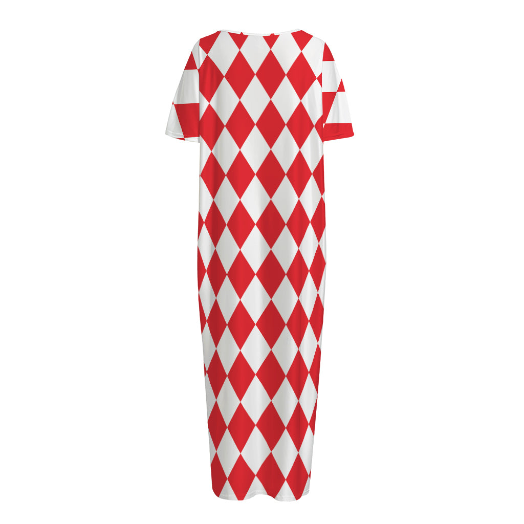 Red And White Harlequin Pattern Print Short Sleeve Long Nightdress