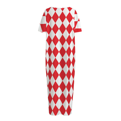 Red And White Harlequin Pattern Print Short Sleeve Long Nightdress