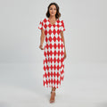Red And White Harlequin Pattern Print Short Sleeve Maxi Dress