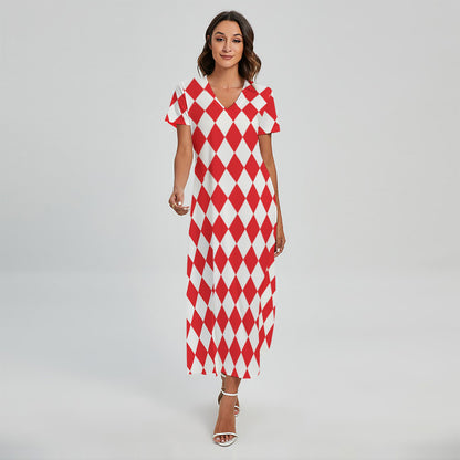 Red And White Harlequin Pattern Print Short Sleeve Maxi Dress