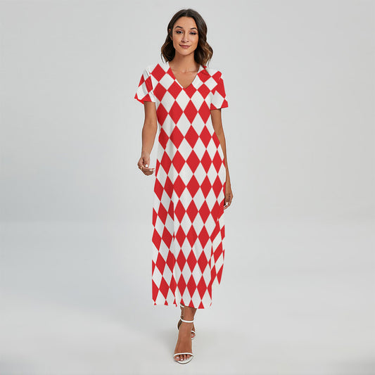Red And White Harlequin Pattern Print Short Sleeve Maxi Dress