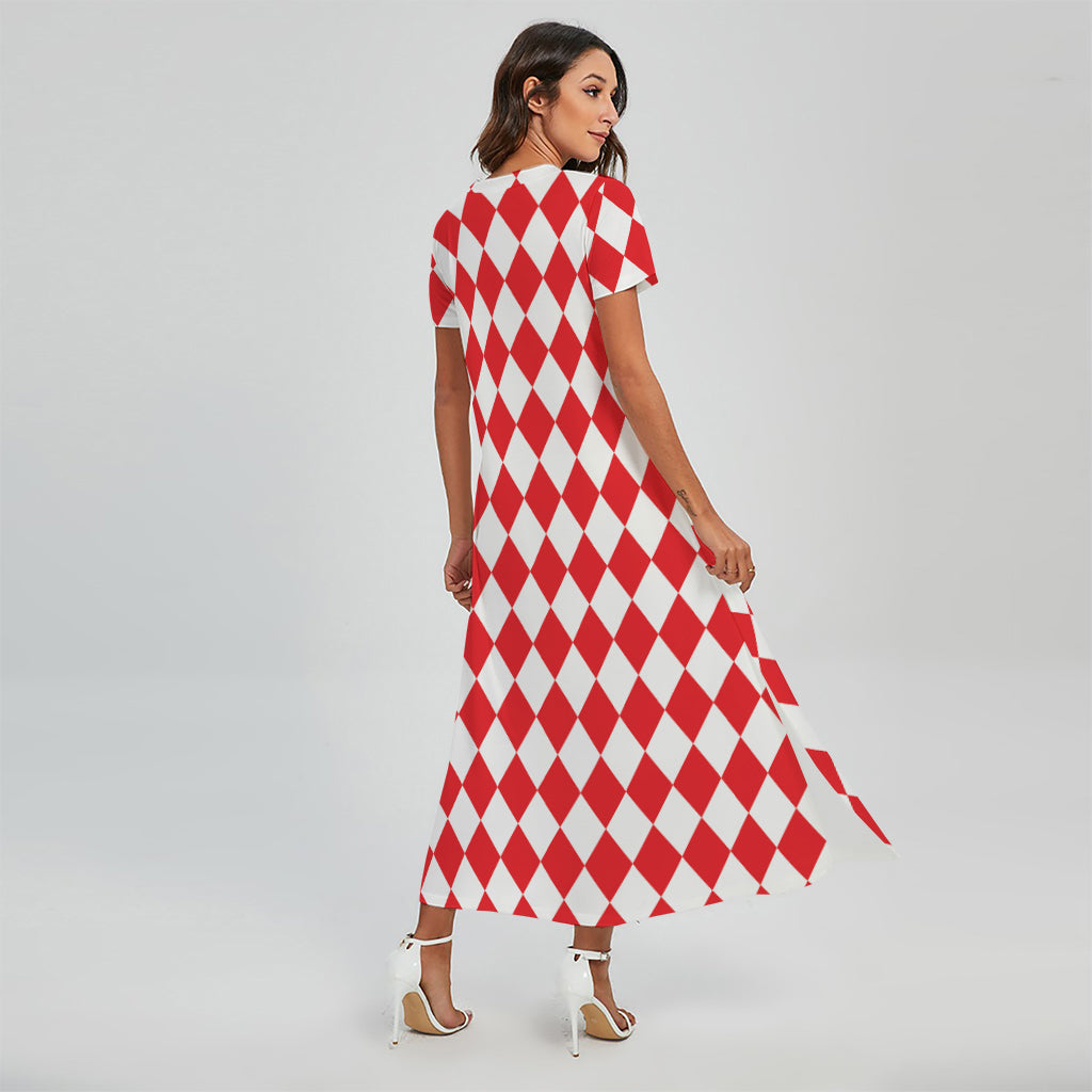 Red And White Harlequin Pattern Print Short Sleeve Maxi Dress