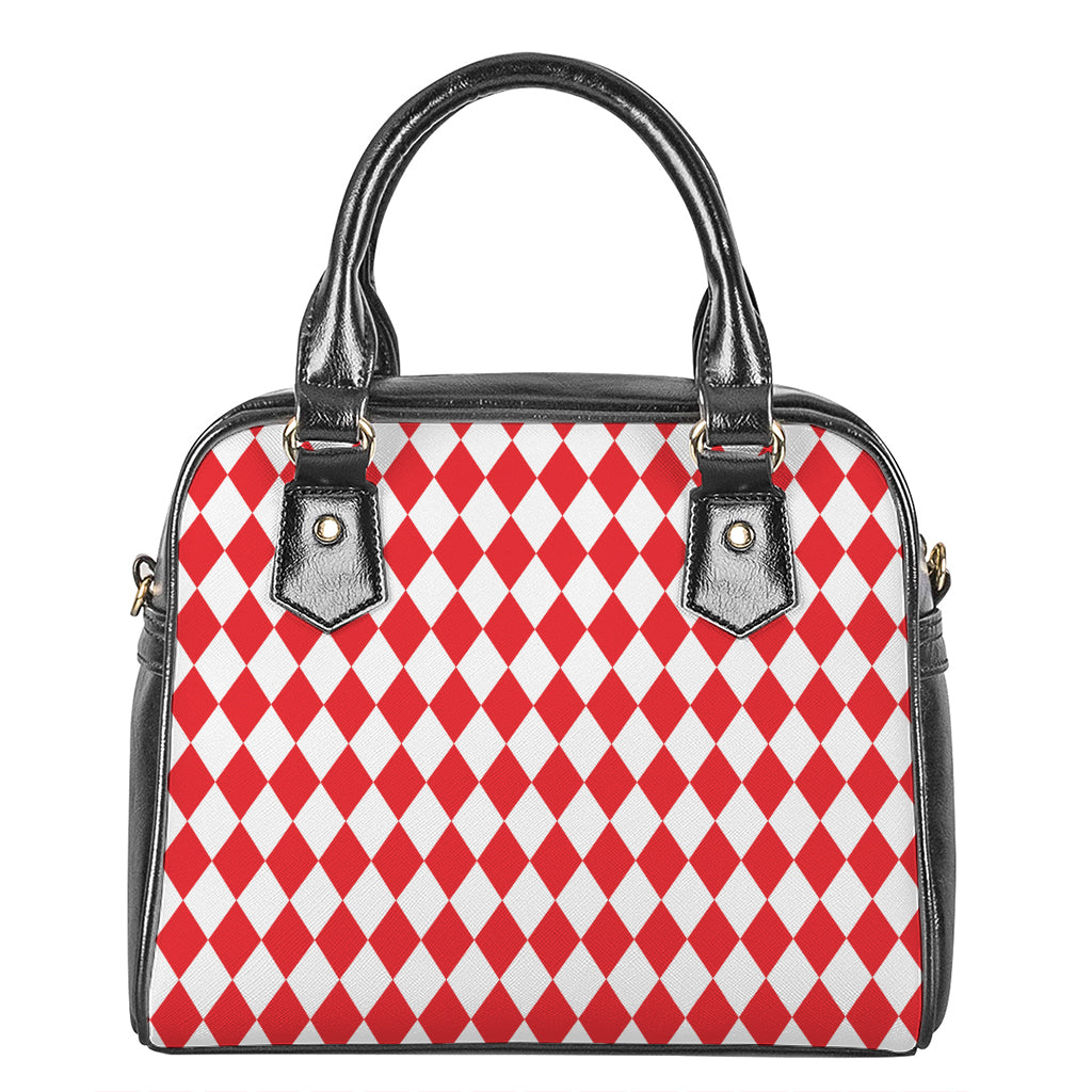 Red And White Harlequin Pattern Print Shoulder Handbag