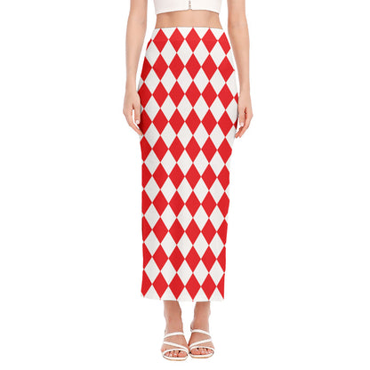 Red And White Harlequin Pattern Print Side Slit Maxi Skirt