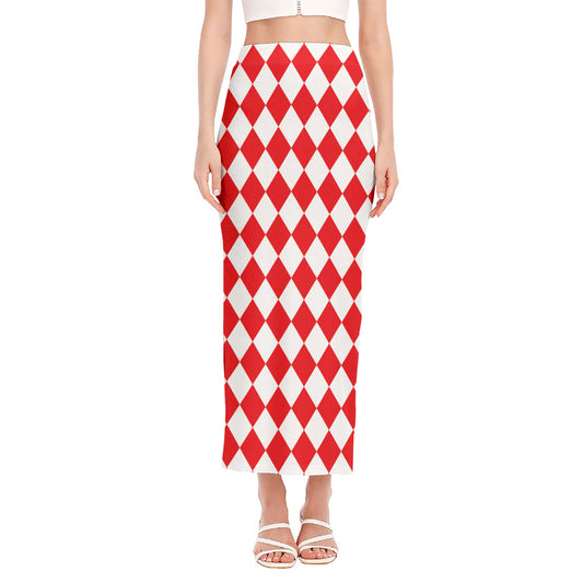 Red And White Harlequin Pattern Print Side Slit Maxi Skirt