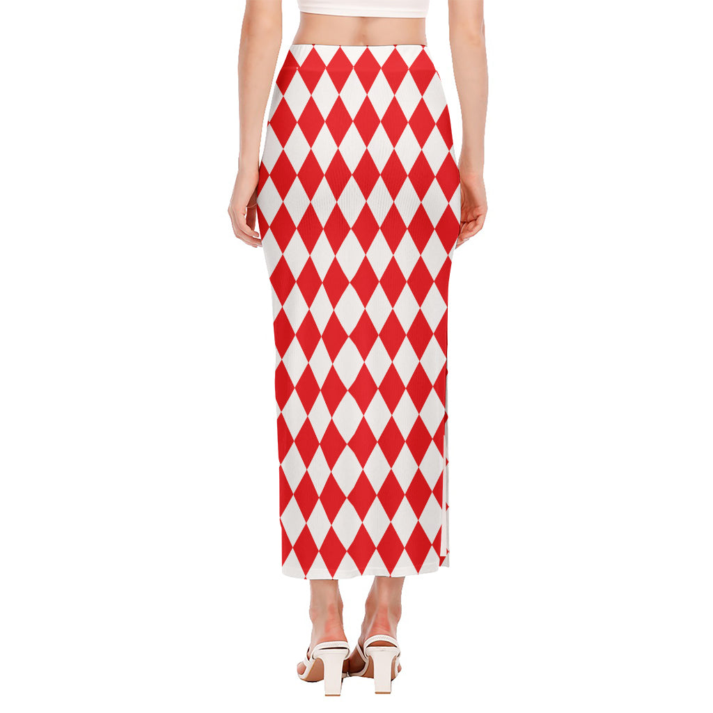 Red And White Harlequin Pattern Print Side Slit Maxi Skirt