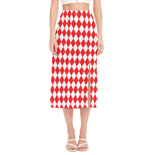 Red And White Harlequin Pattern Print Side Slit Midi Skirt