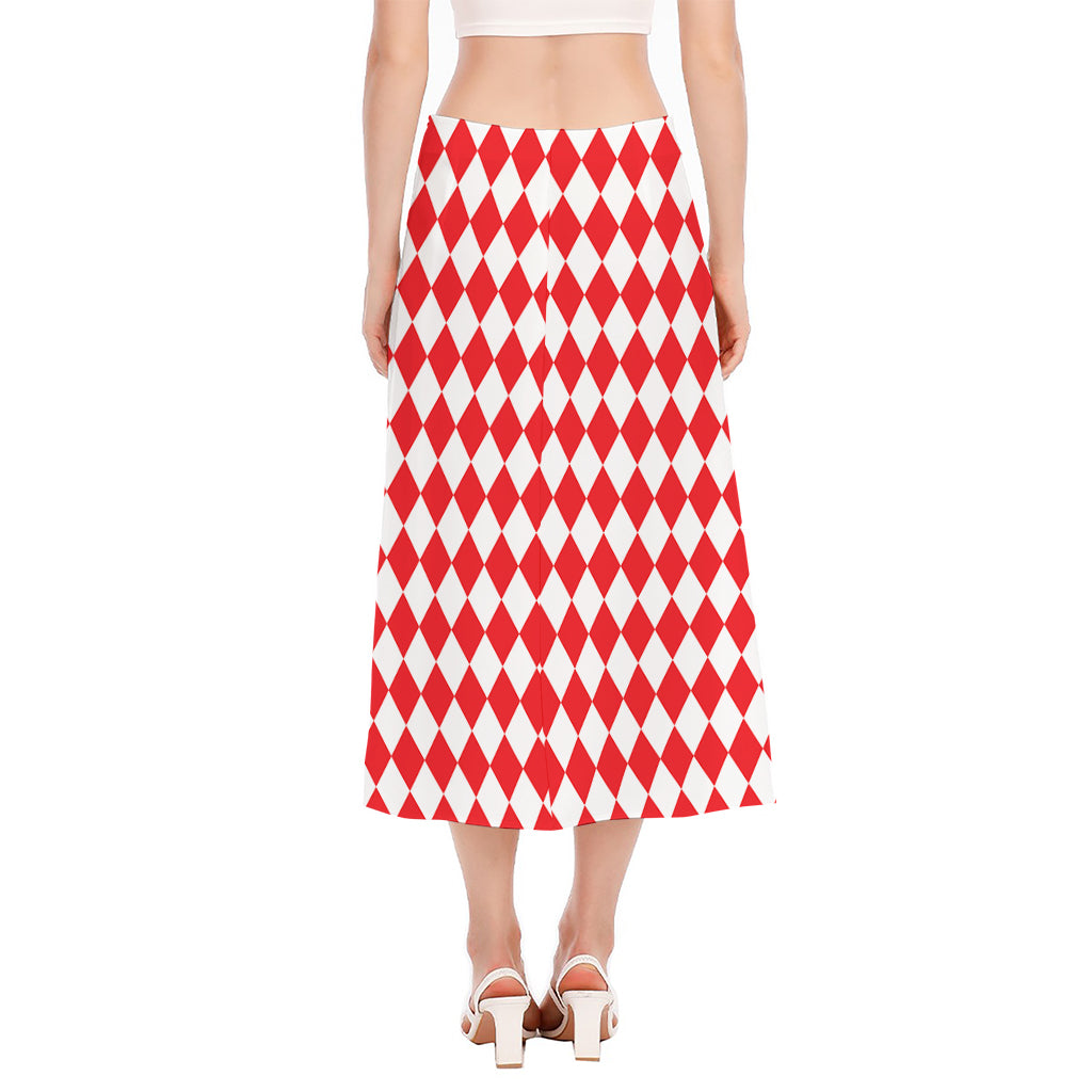 Red And White Harlequin Pattern Print Side Slit Midi Skirt