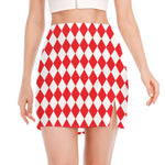 Red And White Harlequin Pattern Print Side Slit Mini Skirt