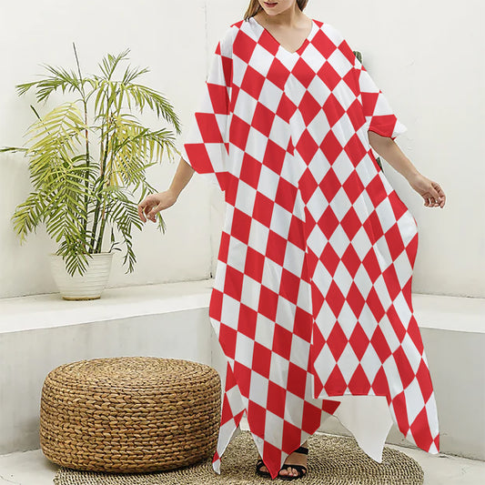 Red And White Harlequin Pattern Print Silk V-Neck Kaftan Dress
